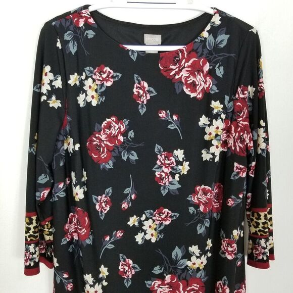 Chico's Women Floral Leopard-Print Dress Sz L Black 3/4 Sleeve Jersey Pullover - Picture 2 of 8